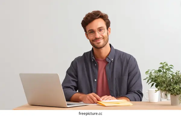 Smiling Caucasian Man Working on Laptop