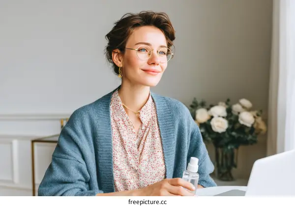 Woman with Glasses Holding Hand Sanitizer at Home