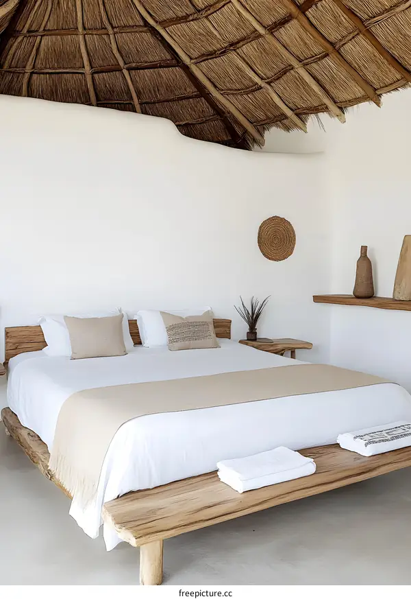 Minimalist Bedroom With White Walls and Wooden Bed