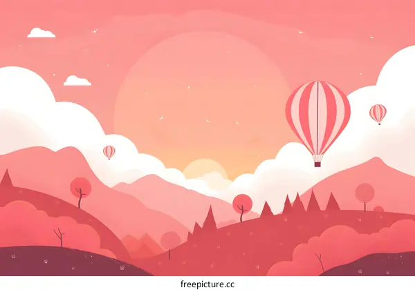 Pink Sunset Mountains Landscape With Hot Air Balloons
