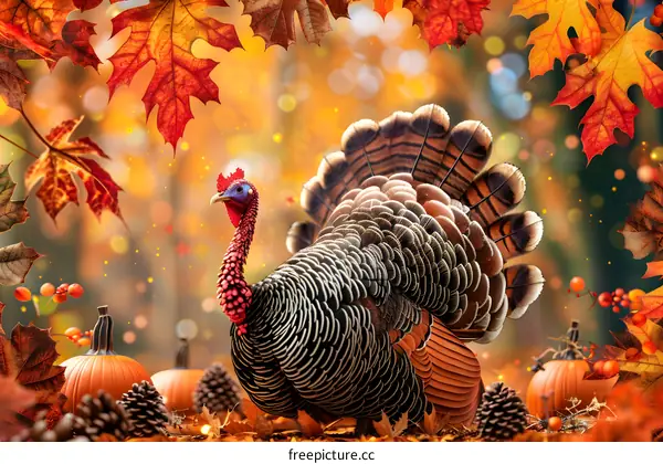 A Thanksgiving turkey surrounded by pumpkins and fall leaves