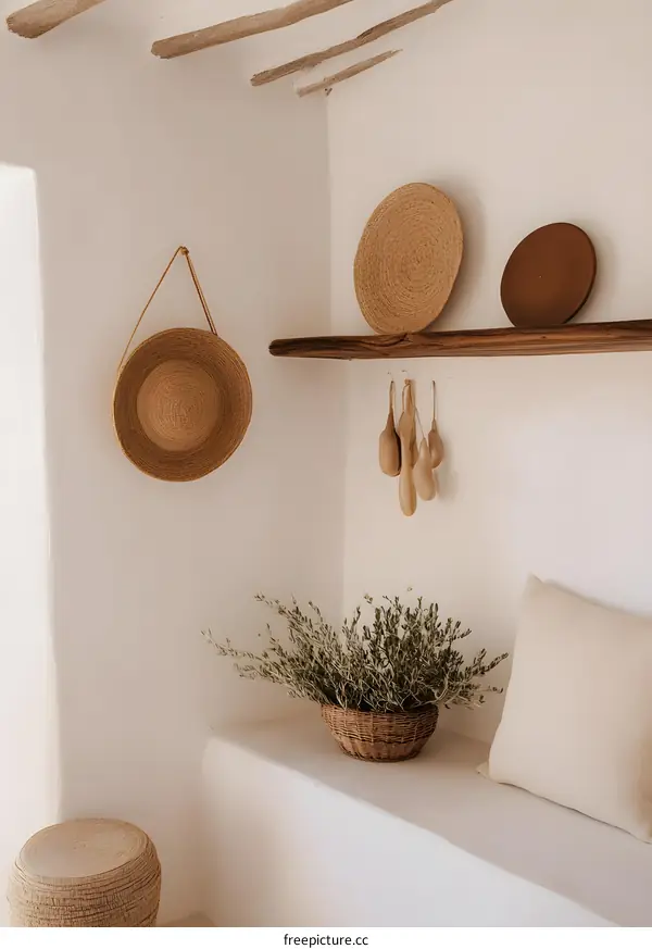 Minimalist Home Decor with Straw Hats and Wooden Shelf