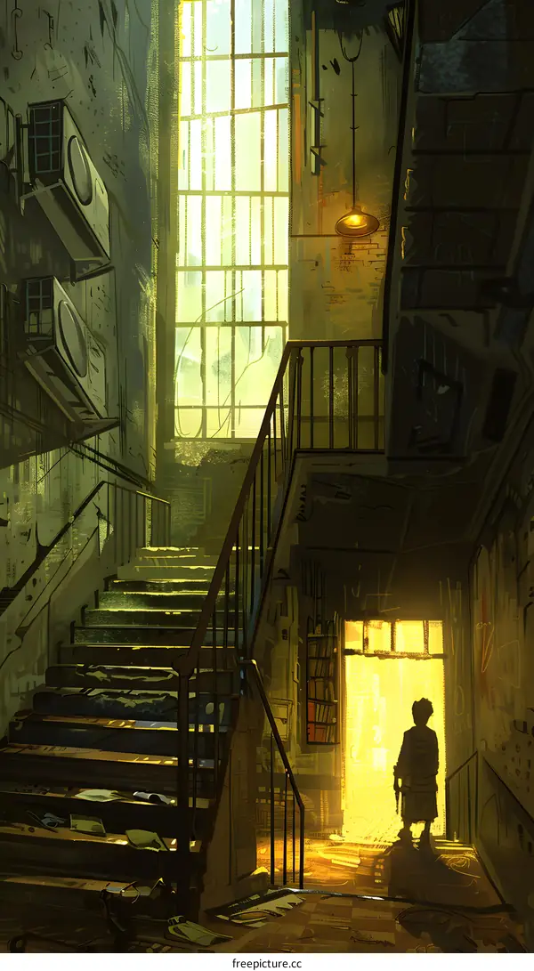 Silhouette of a Person Standing at the Top of the Stairs in a Grungy Building