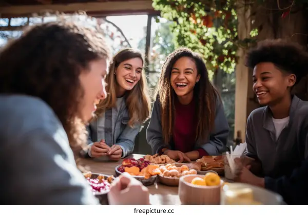 Four multiracial friends laughing and eating together at a table