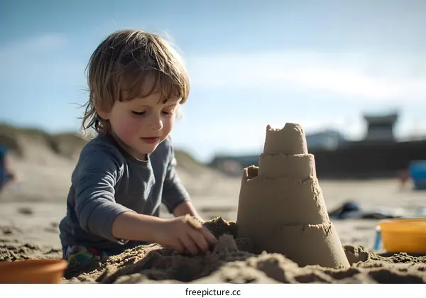 Little Boy Building a Sandcastle on the Beach