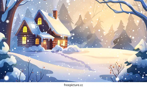 Snowy Winter Cabin Forest Illustration