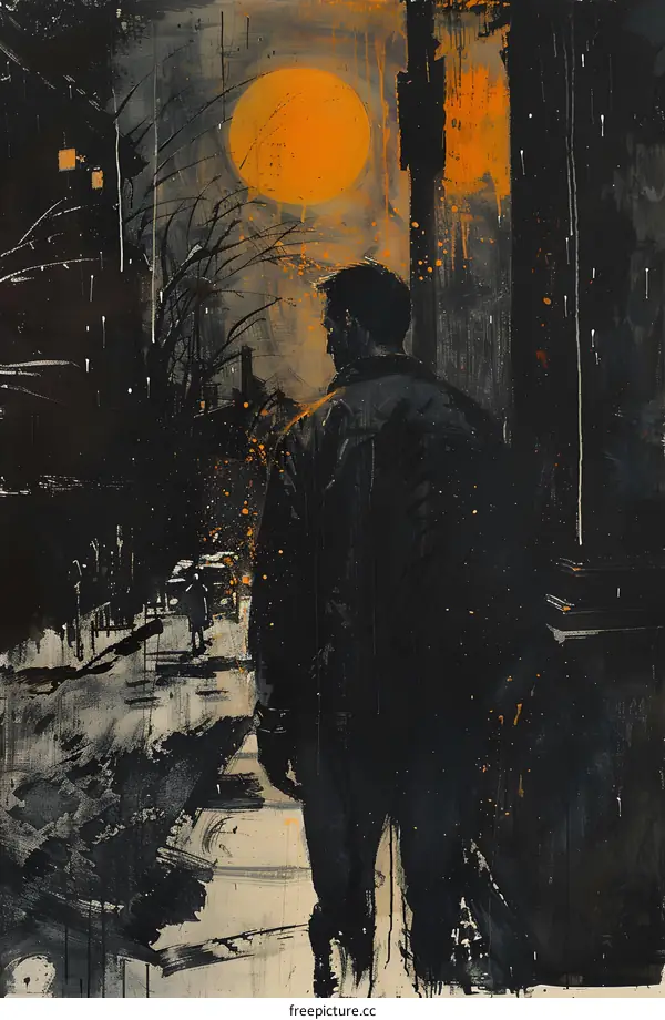 Man Walking in the City at Night with a Big Orange Moon