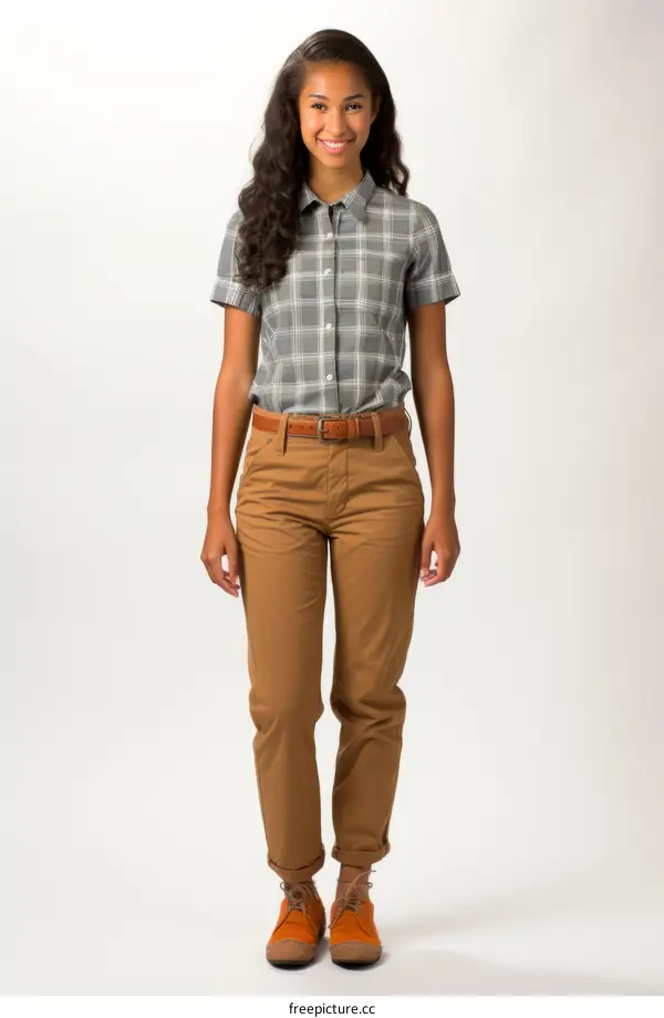 A young woman wearing a plaid shirt and brown pants