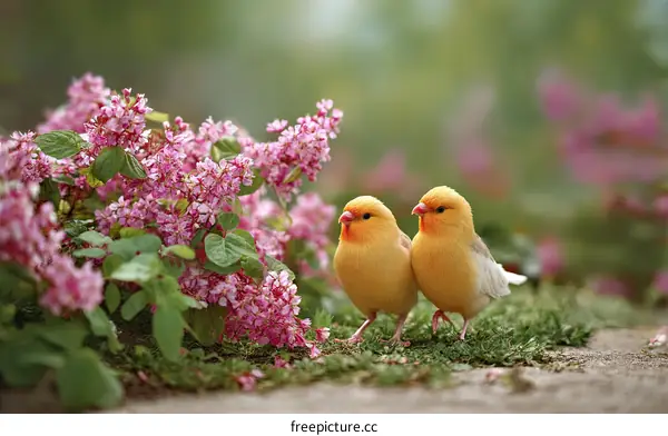 Two Lovely Birds Amidst Blooming Pink Flowers