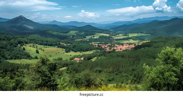 mountain village landscape with green hills and blue sky
