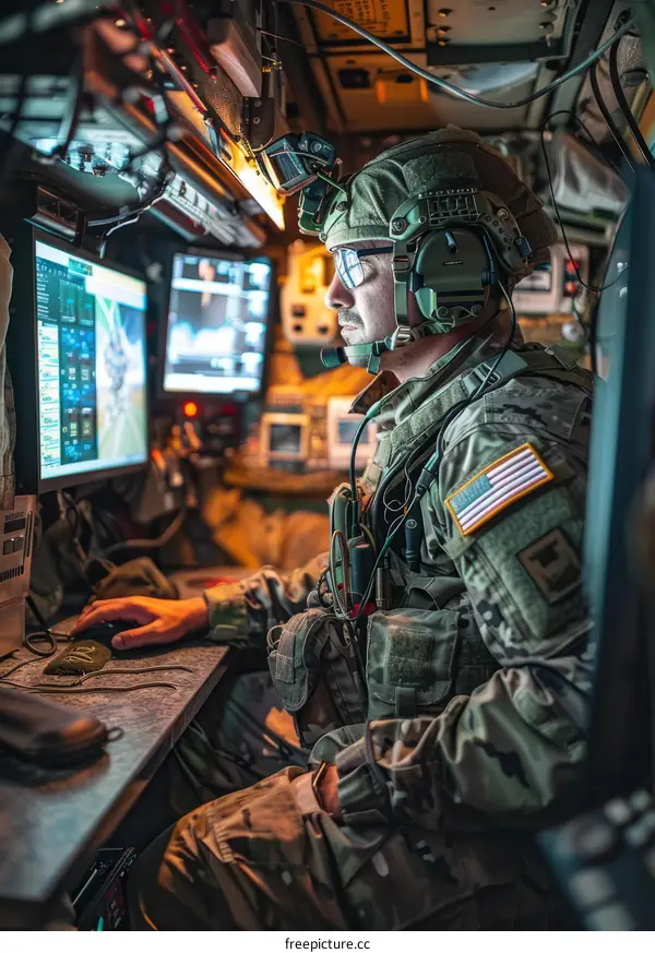 Soldier Operating Military Technology Inside Vehicle