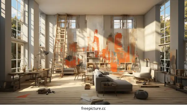 Modern art studio interior with large windows and wooden floor