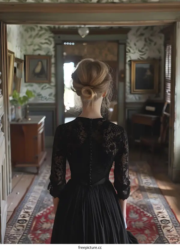 Woman in black dress standing in a hallway