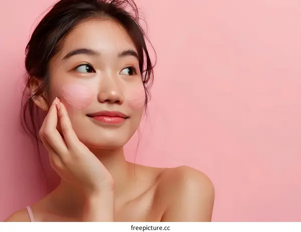 Beautiful Asian Woman with Pink Face Mask Applying Skincare