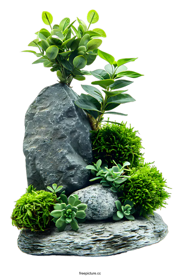 [Transparent Background PNG]Bonsai tree with green leaves and moss on a rock with white background
