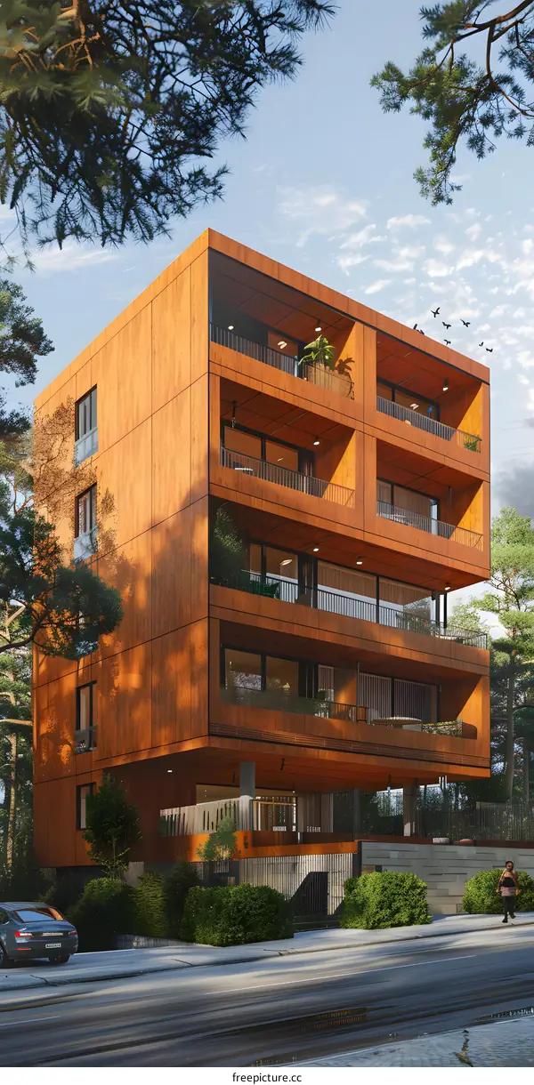 Modern Wooden Apartment Building with Balconies and Green Plants