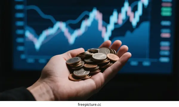 Hand Holding Coins with Stock Market Graph in Background