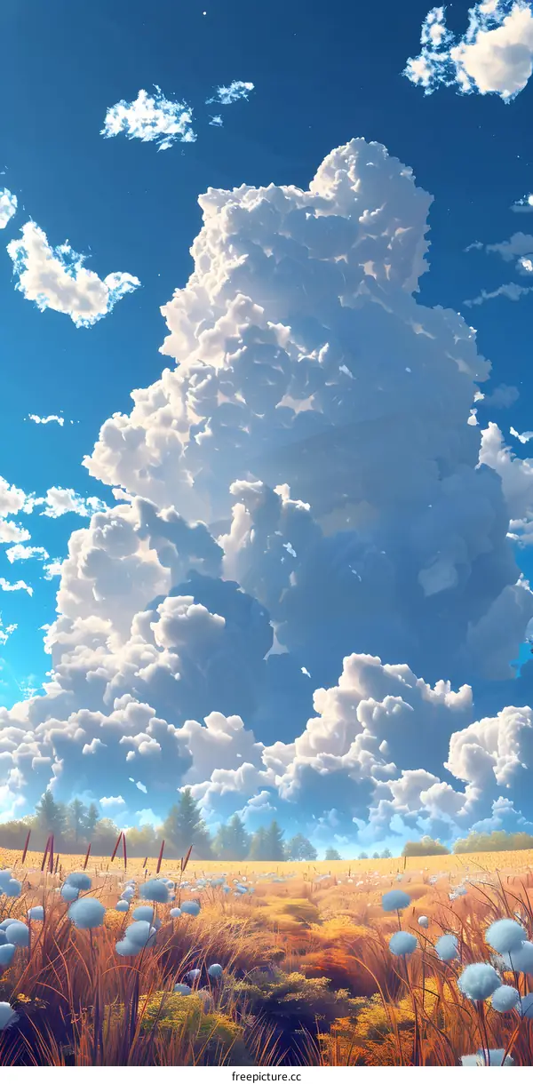Fluffy white clouds over a golden wheat field