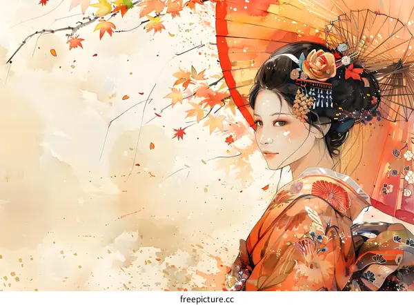 An Asian woman in a kimono holding an orange umbrella.