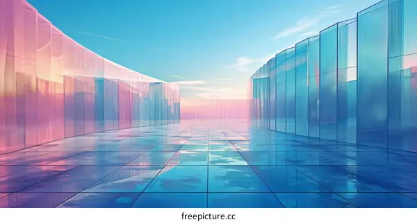 Panoramic View of Modern City Plaza with Blue Sky and Geometric Glass Facades