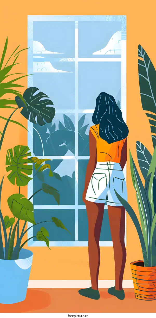 Woman Standing by a Window Looking Out at Nature