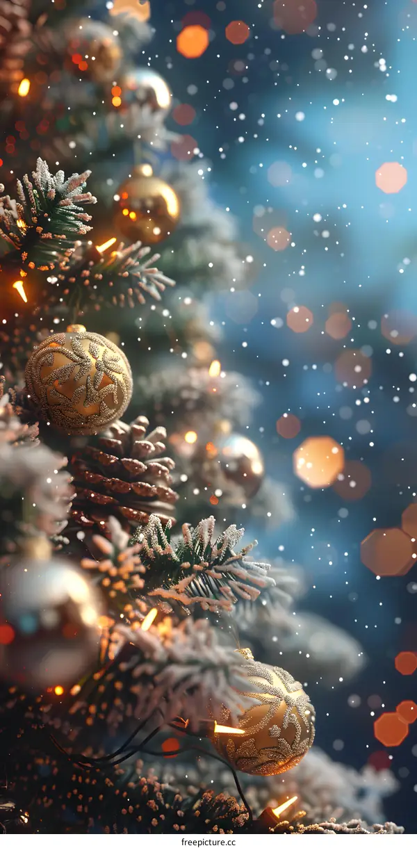 Christmas tree with golden ornaments, lights and snowflakes