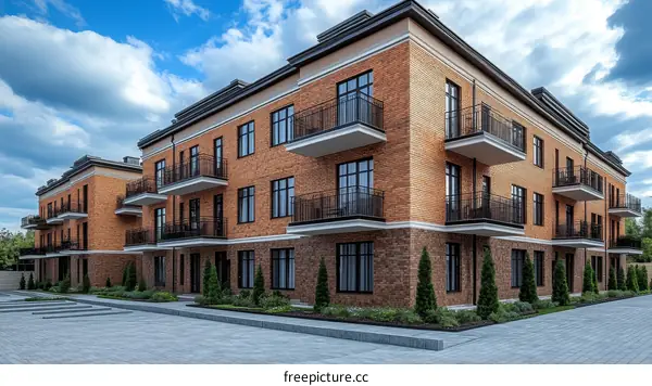 Modern Brick Apartment Buildings Under a Cloudy Sky