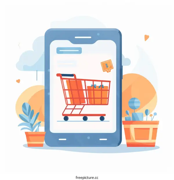 Smartphone Shopping Illustration with Cart and Plants