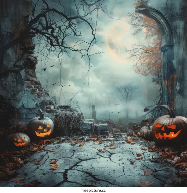 Spooky Halloween night background with pumpkins and a haunted house