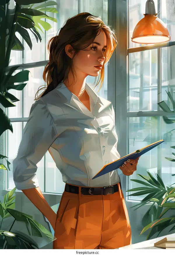 A woman standing in front of a window, holding a book.