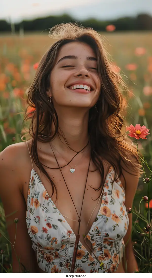 Beautiful Woman Smiling in a Field of Flowers