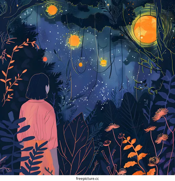 Woman Standing in Forest Looking at the Night Sky