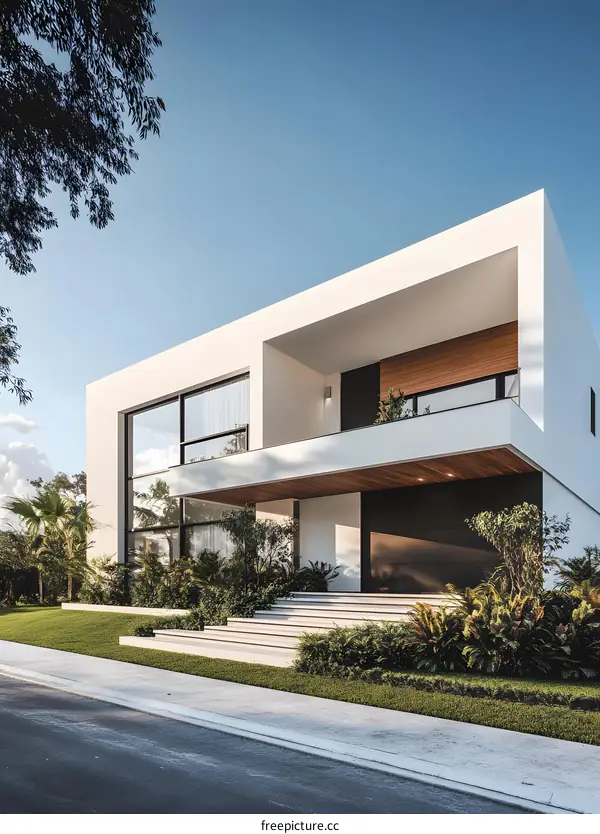 Modern White House with Green Grass and Palm Trees