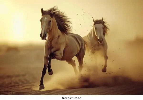 Two horses galloping in the desert