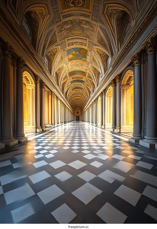 Checkerboard Floor in a Grand Hallway with Arched Ceiling