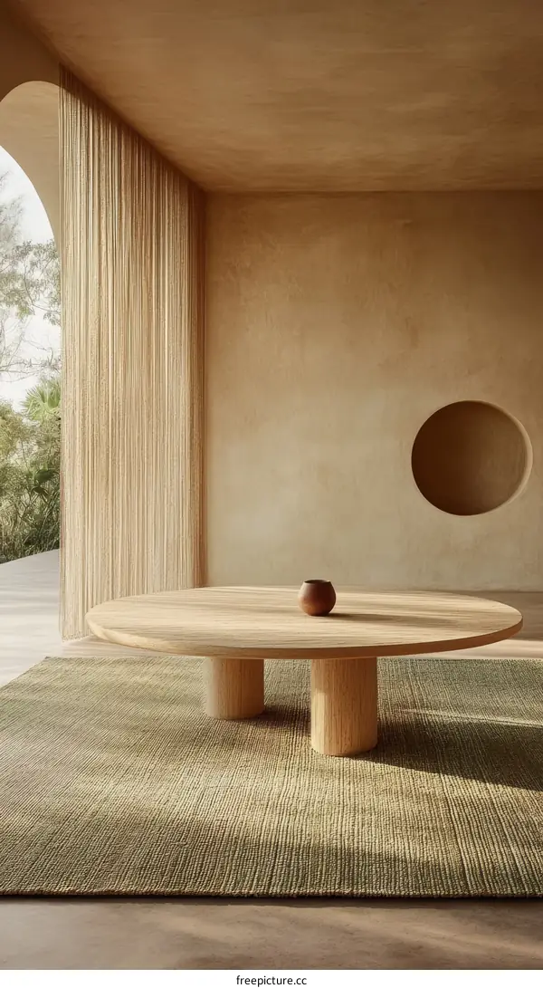 Modern Minimalist Wooden Coffee Table on Green Rug