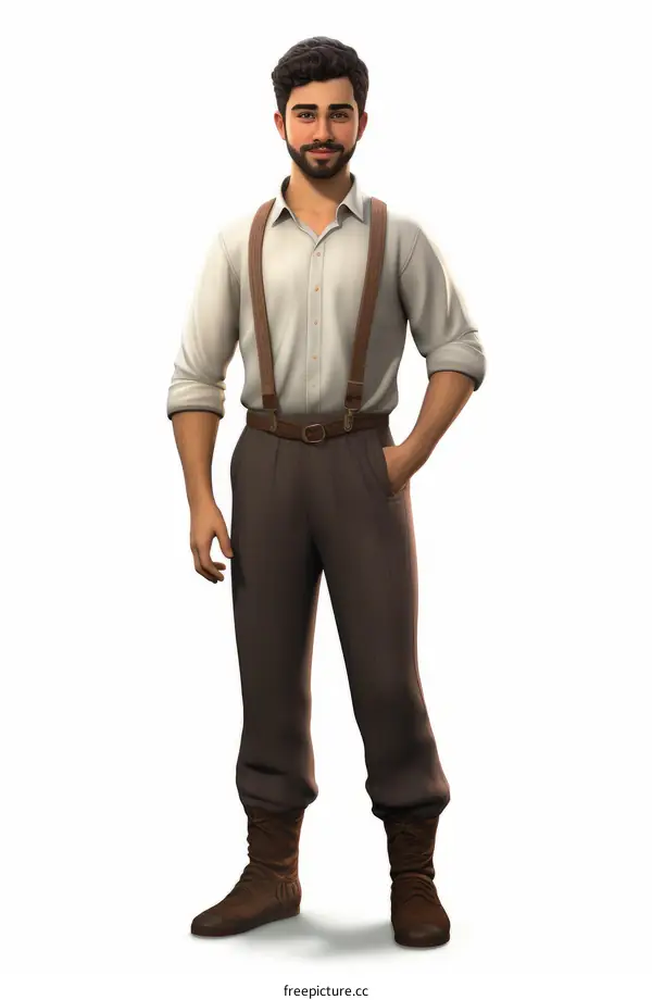Confident Young Man in Vintage Suspenders and Brown Shirt
