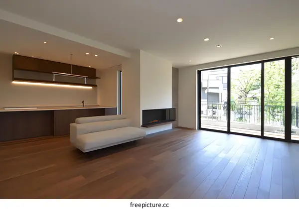 Modern Living Room with Fireplace and Sliding Doors to Balcony