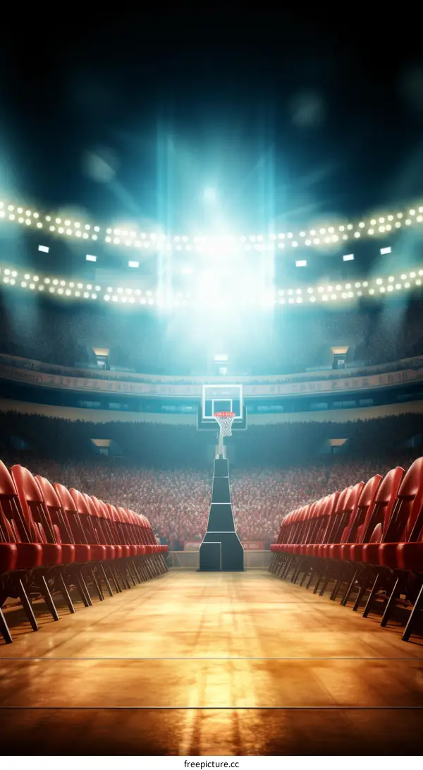 Basketball court with red chairs and bright lights