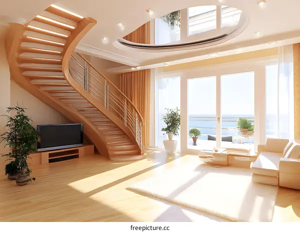 Modern Interior Design with Curved Staircase and Ocean View