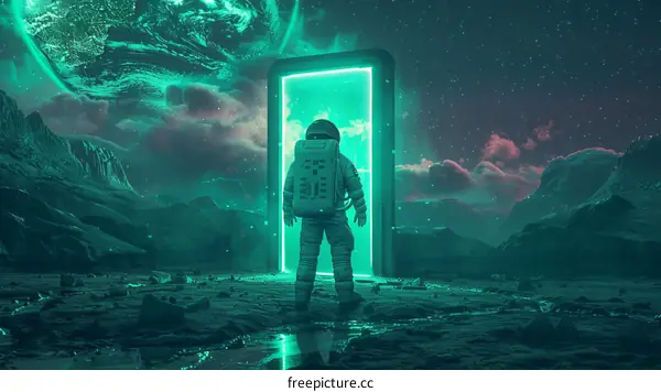 Astronaut in front of a portal on a distant planet