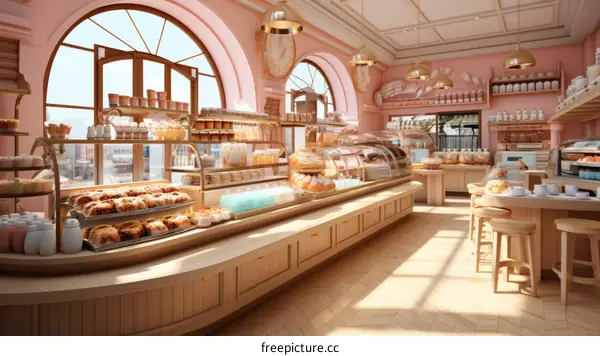 An illustration of a bakery interior with pink walls and arched windows