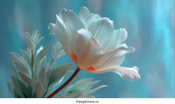 Delicate White Tulip in Soft Teal Background