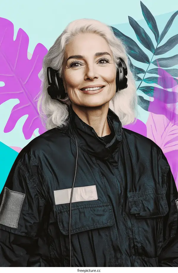Smiling Senior Woman Wearing Headphones and Jacket