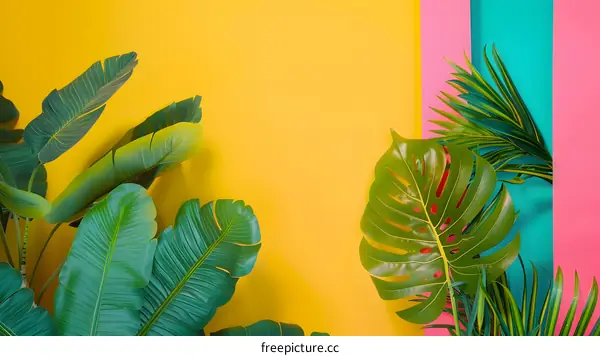 Tropical Leaves on Yellow Pink and Blue Background