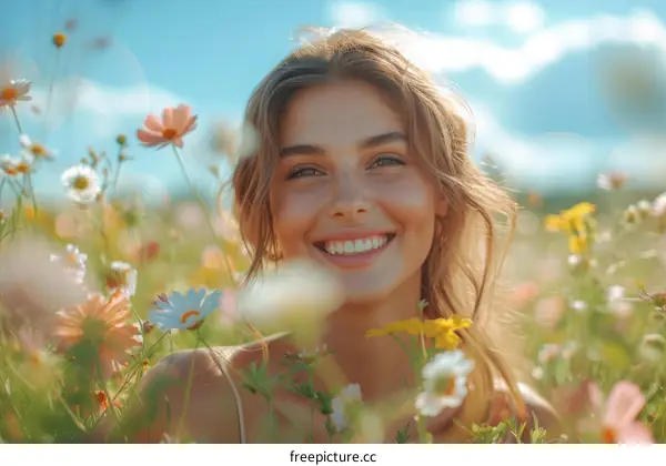 portrait of a smiling young woman with long blond hair standing in a field of flowers