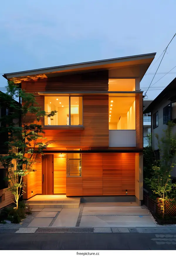 Modern House with Wooden Facade at Dusk