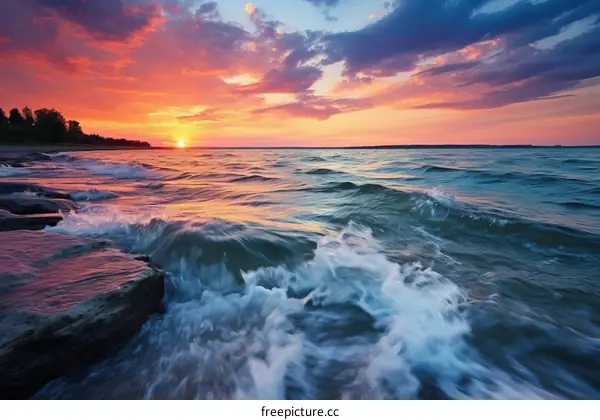 colorful sunset over lake splashing against rocky shore