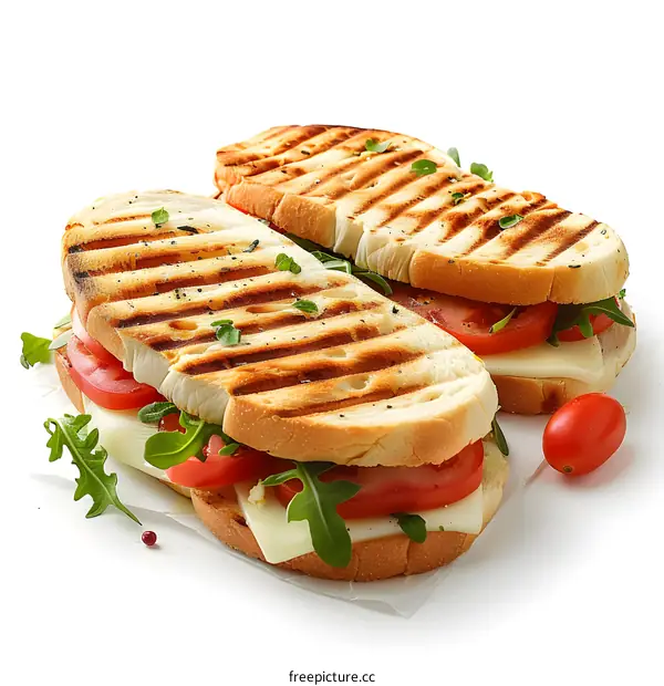 Grilled cheese sandwiches with tomatoes and arugula