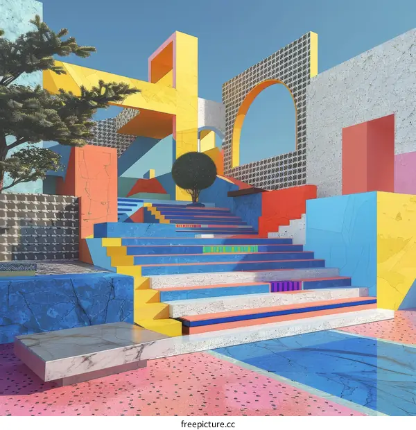 Colorful 3D rendering of a Memphis style building with stairs and trees